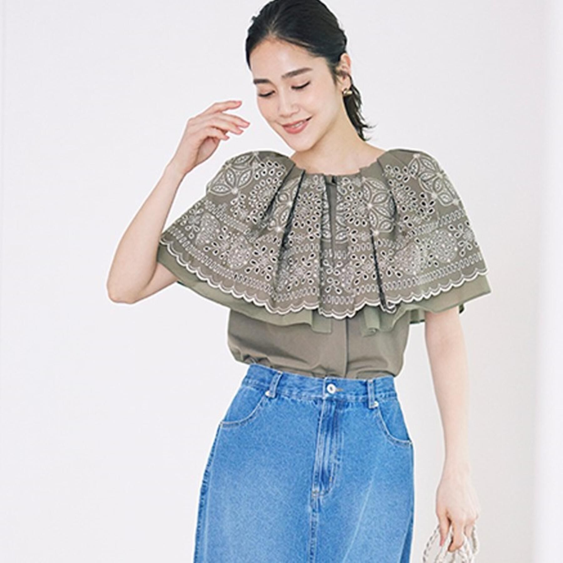 SunaUna「【幾何柄】ケープカラーブラウス」|シャツ・ブラウス|カーキ(027)