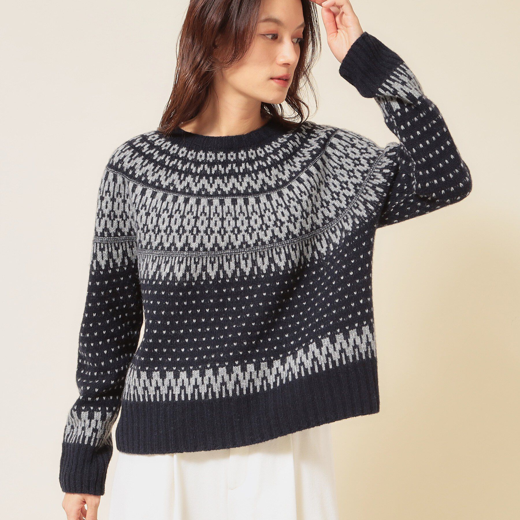 SunaUna「【ラメ混】ノルディック風ジャカード柄ニット」|ニット・セーター|ネイビー(094)
