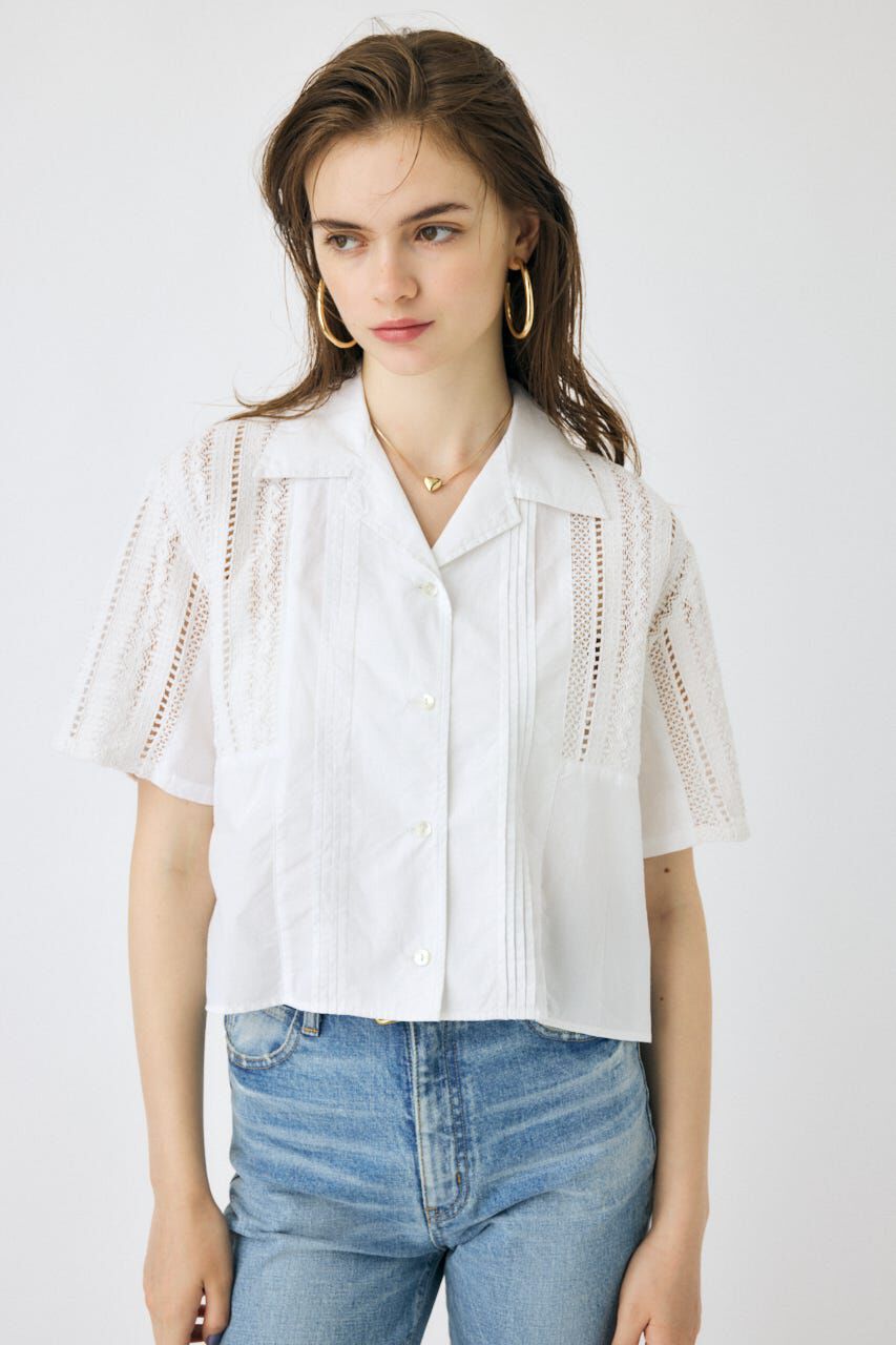 MOUSSY「LACE OPEN COLLAR シャツ」|シャツ・ブラウス|WHT