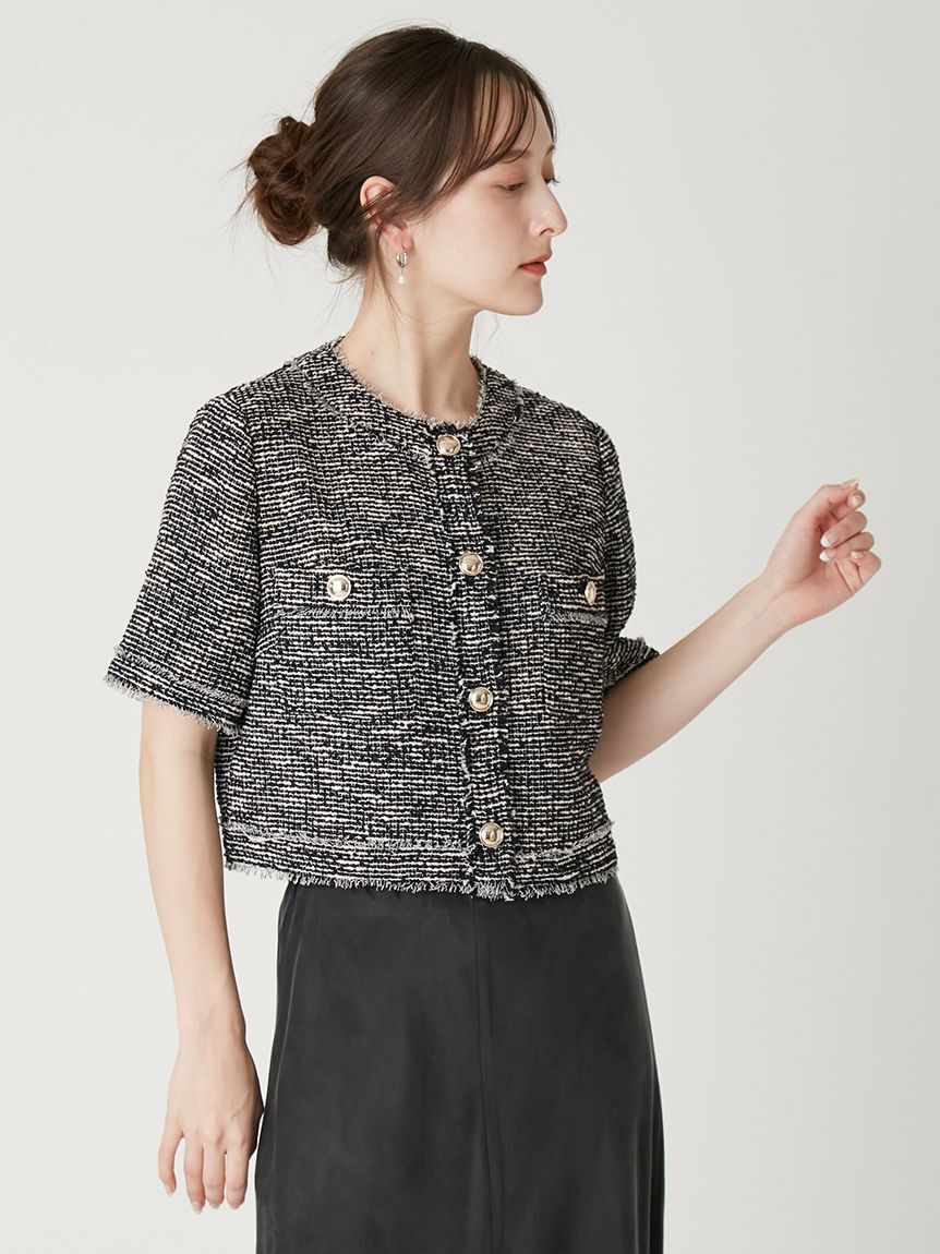 FRAY I.D「ツイードフリンジ半袖ジャケット」|ノーカラージャケット|