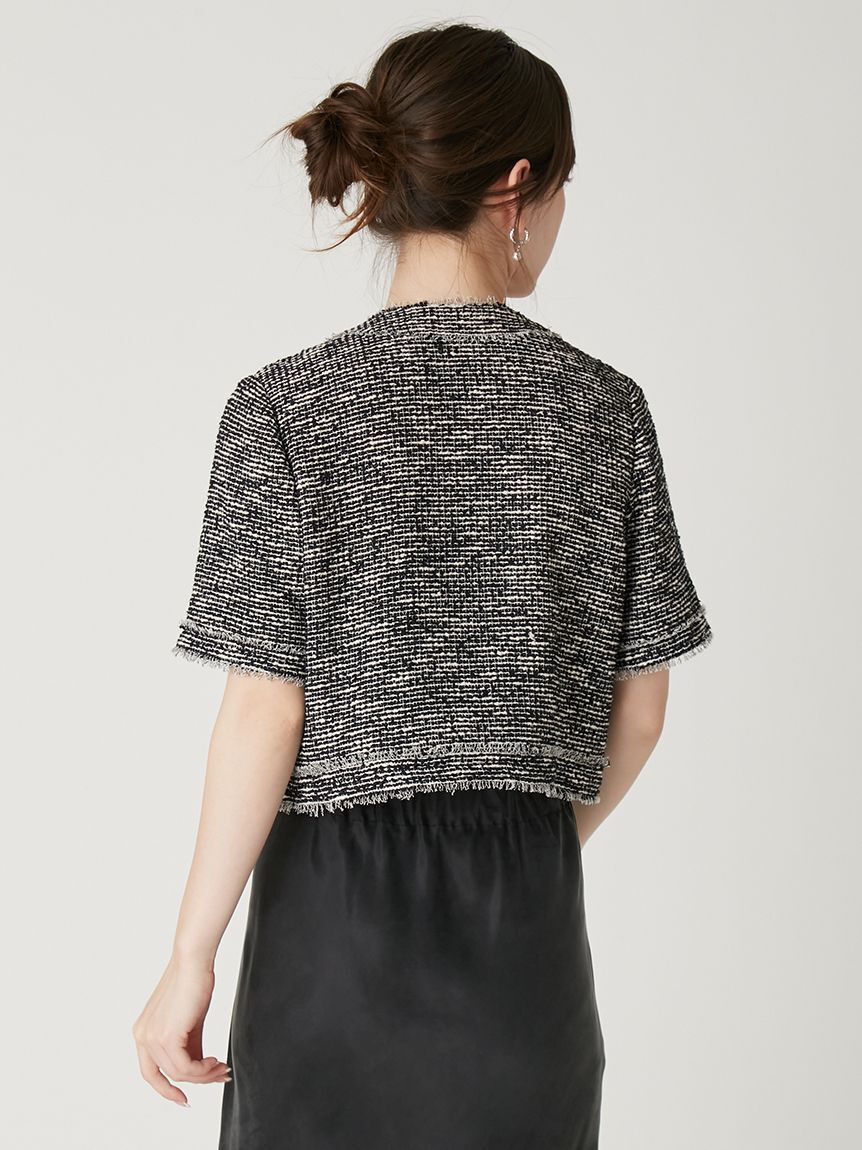 FRAY I.D「ツイードフリンジ半袖ジャケット」|ノーカラージャケット|