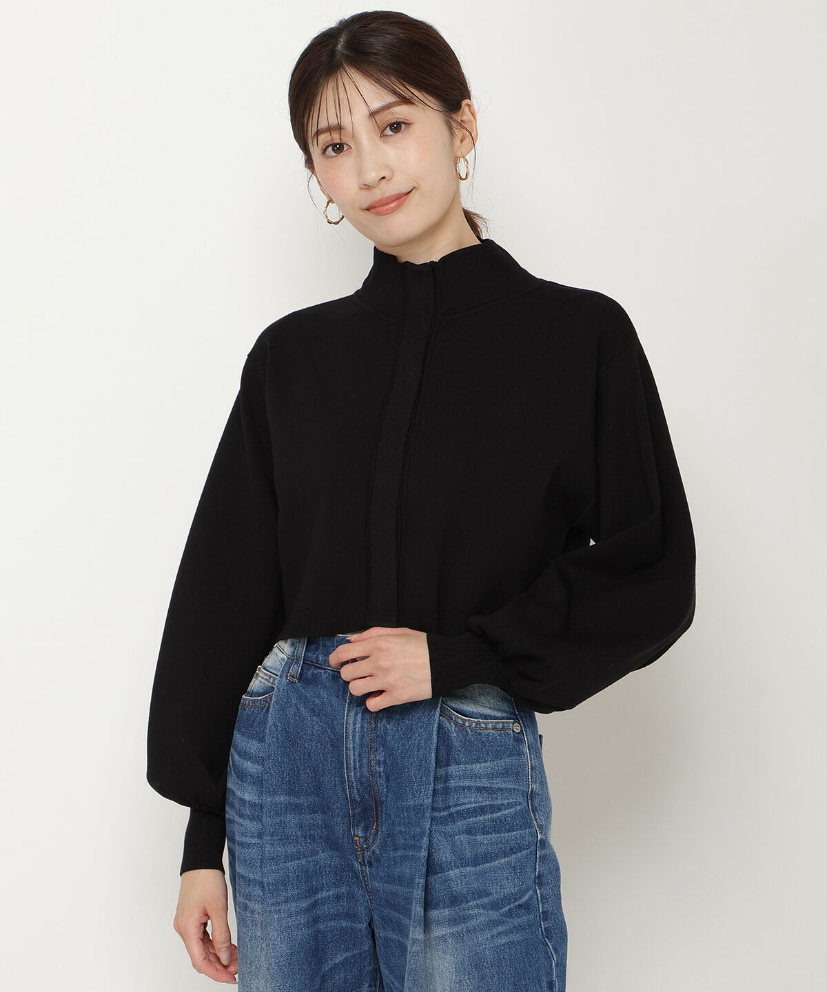 アンドクチュール「スタンドネッククロップドニットジャケット」|カーディガン|ブラック