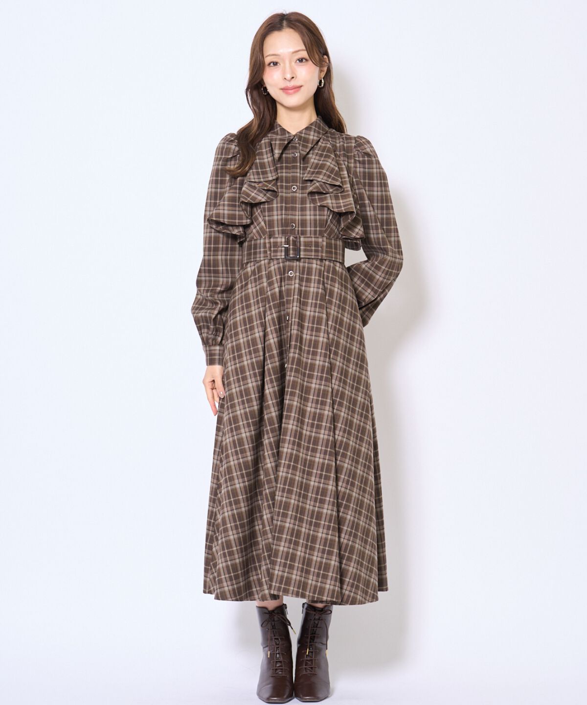 アンドクチュール「フリルケープシャツワンピース」|ワンピース|茶系チェック