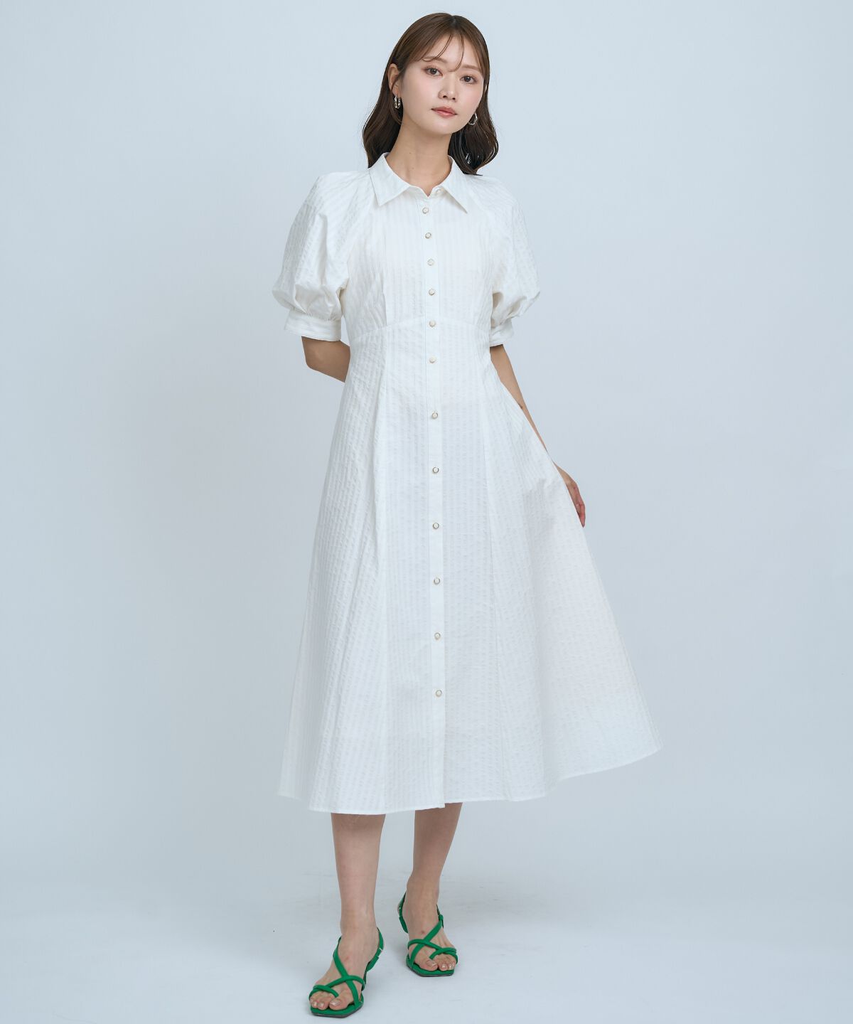 アンドクチュール「ボリュームスリーブストライプワンピース」|ワンピース|