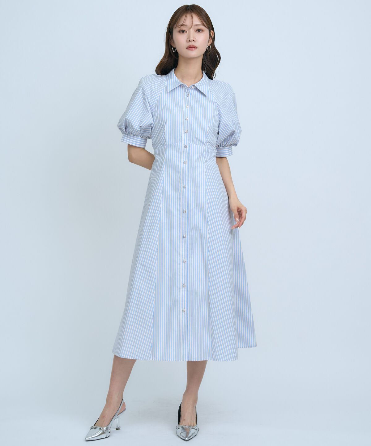 アンドクチュール「ボリュームスリーブストライプワンピース」|ワンピース|