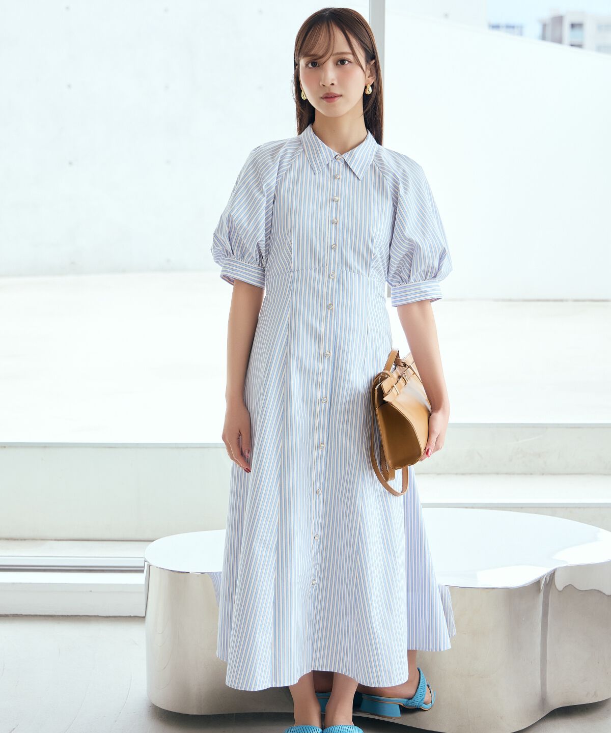 アンドクチュール「ボリュームスリーブストライプワンピース」|ワンピース|