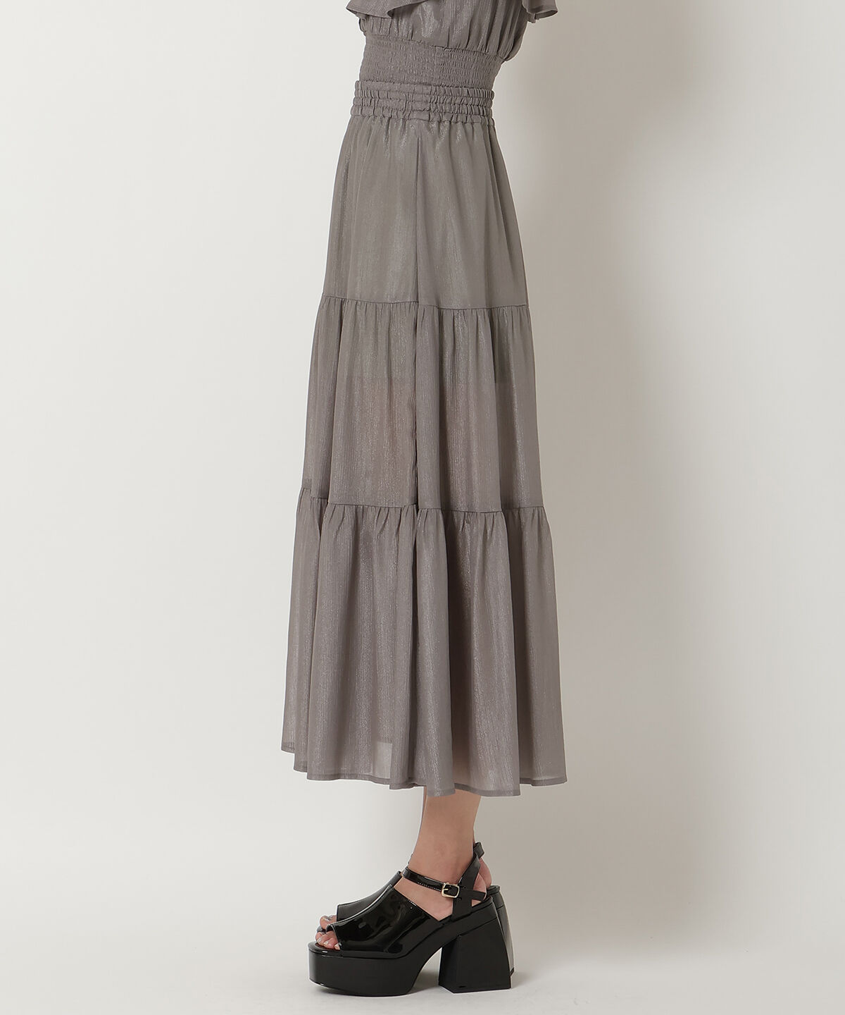 REDYAZEL「シャイニー楊柳ティアードスカート」|フレア|