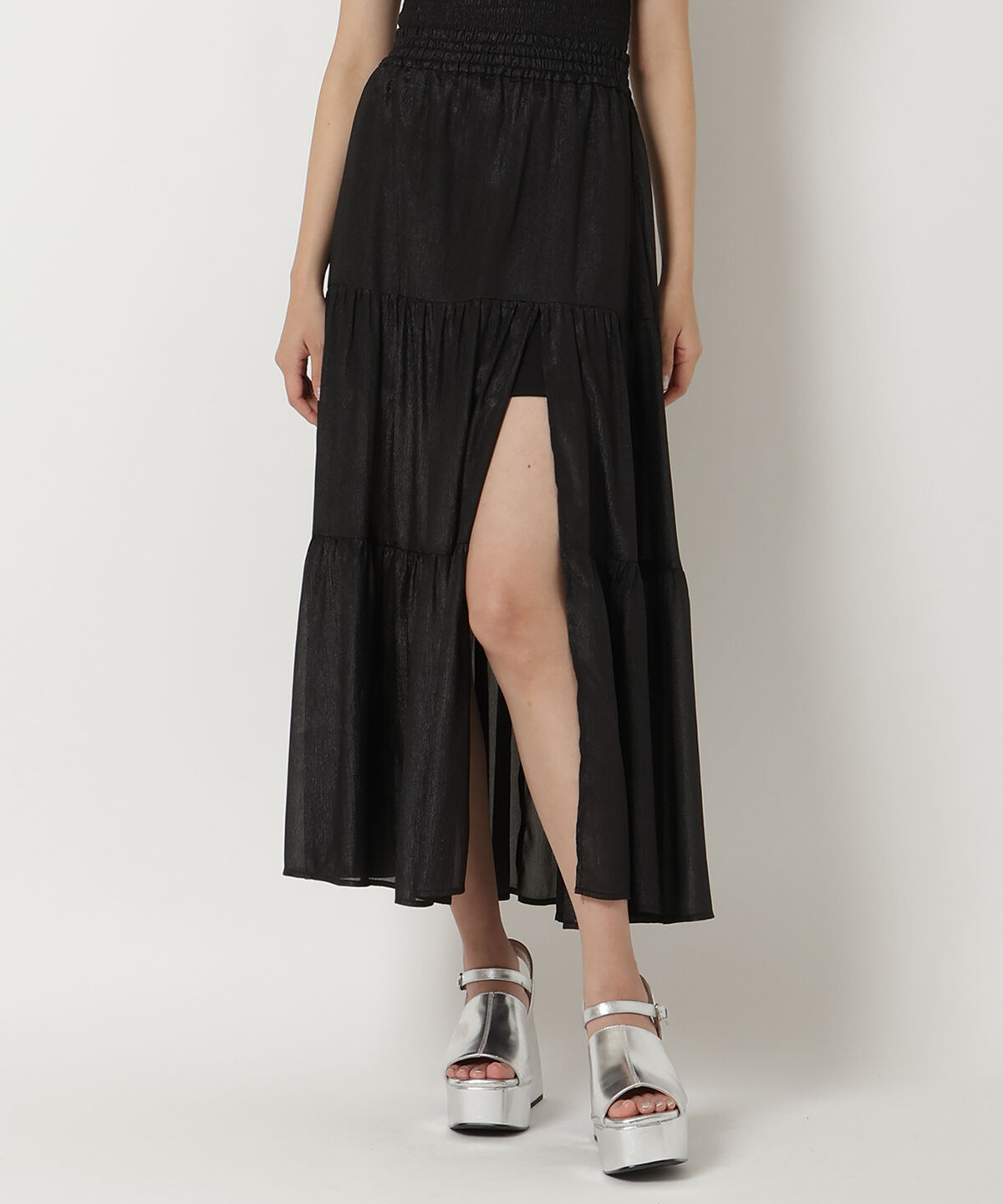 REDYAZEL「シャイニー楊柳ティアードスカート」|フレア|