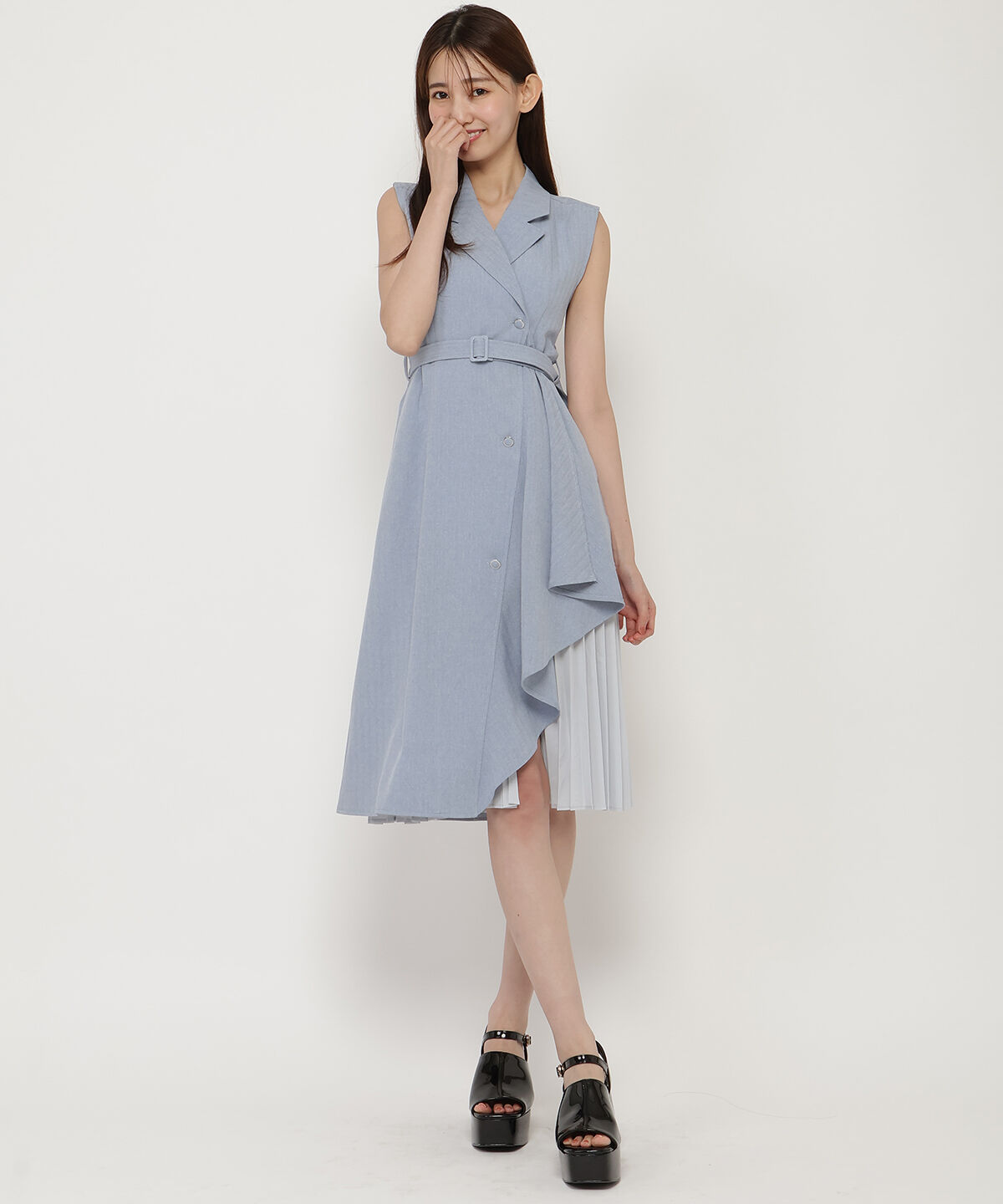 REDYAZEL「ノースリーブサイドプリーツワンピース」|ワンピース|ブルー