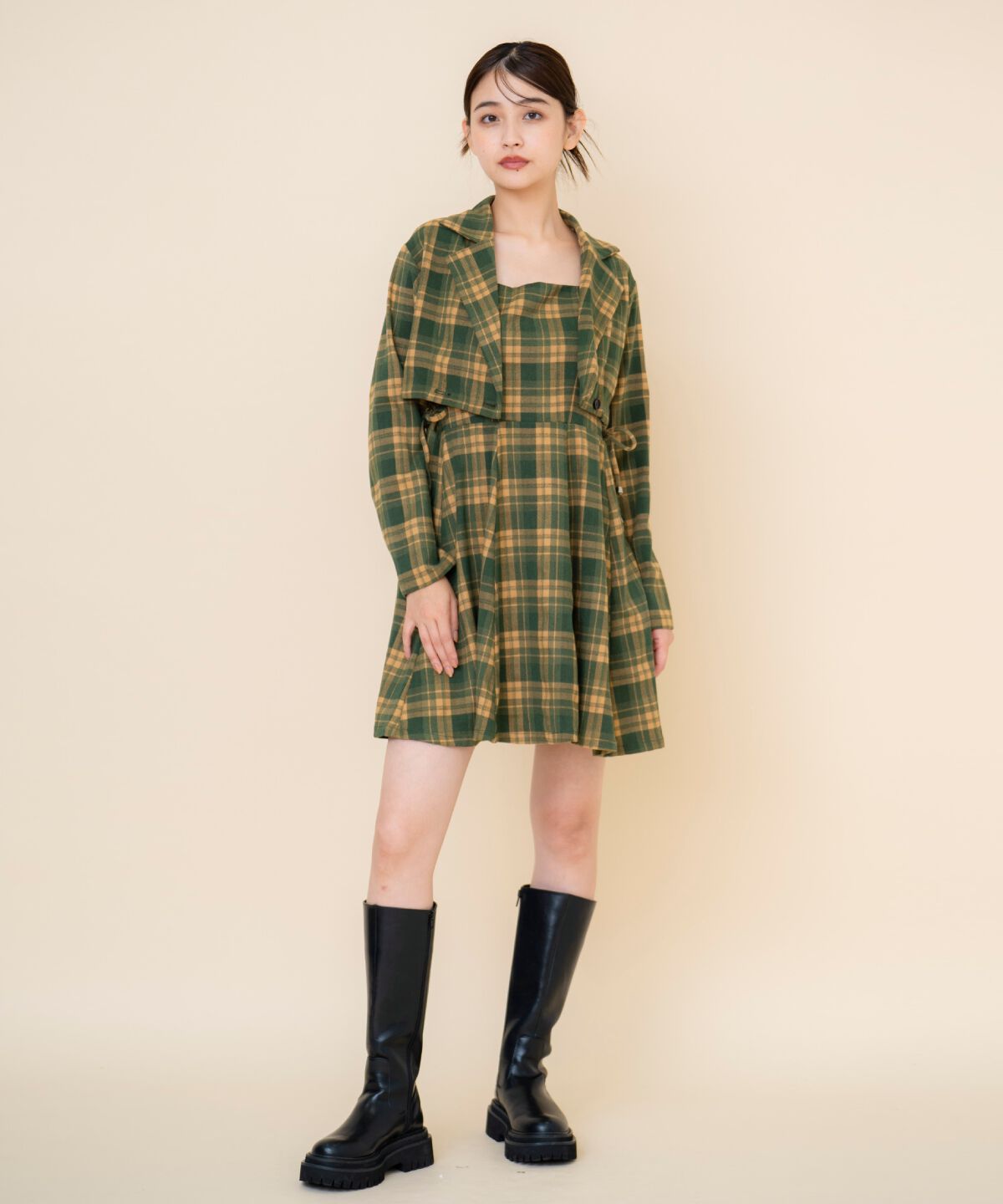 REDYAZEL「チェックドロストミニワンピース」|ワンピース|グリーン