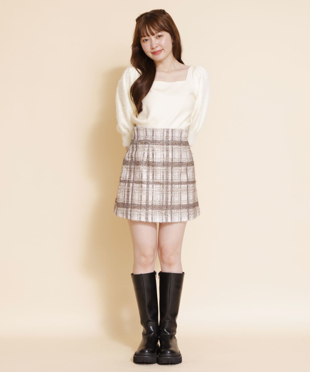 REDYAZEL「ファンシーチェックミニスカート」|台形|ベージュ