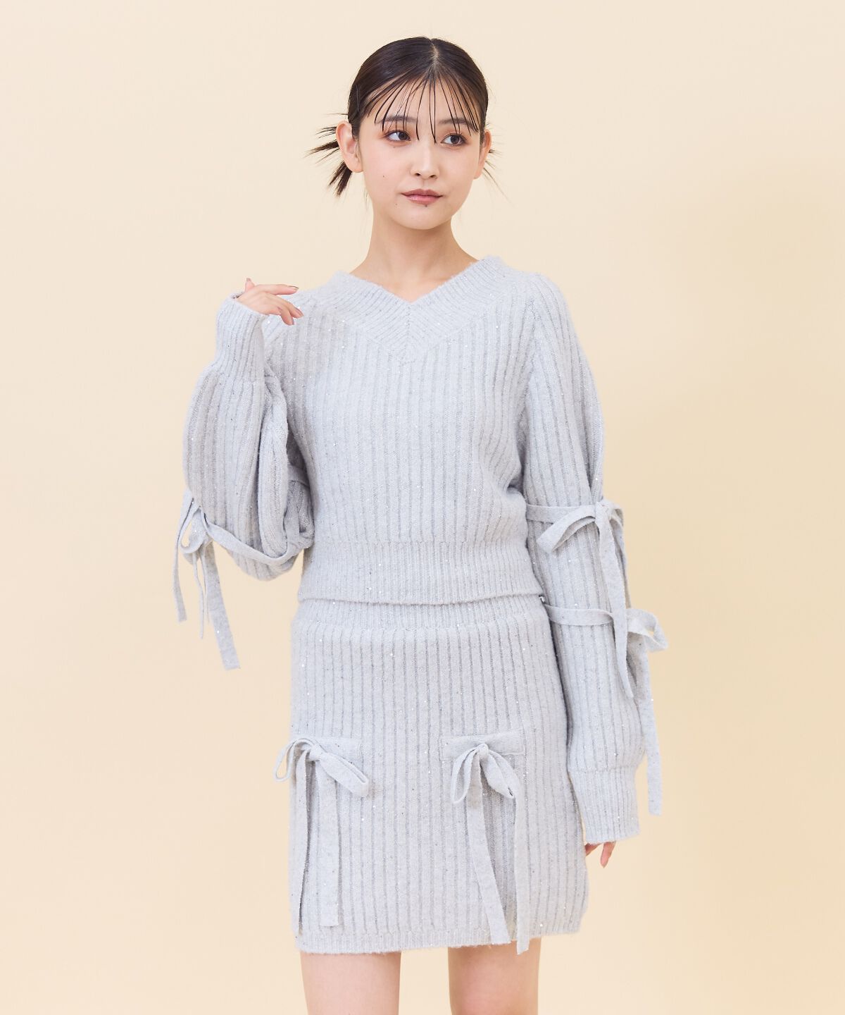 REDYAZEL「ラメスパンコールニットミニスカート」|タイト|ライトグレー