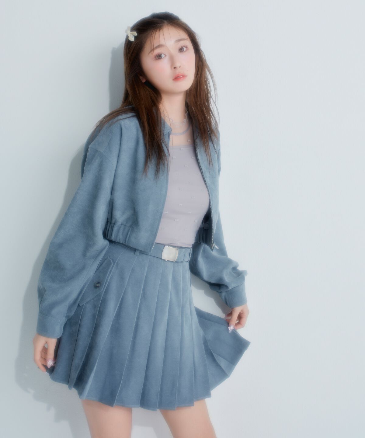 REDYAZEL「ベルテッドプリーツミニスカート」|フレア|サックス