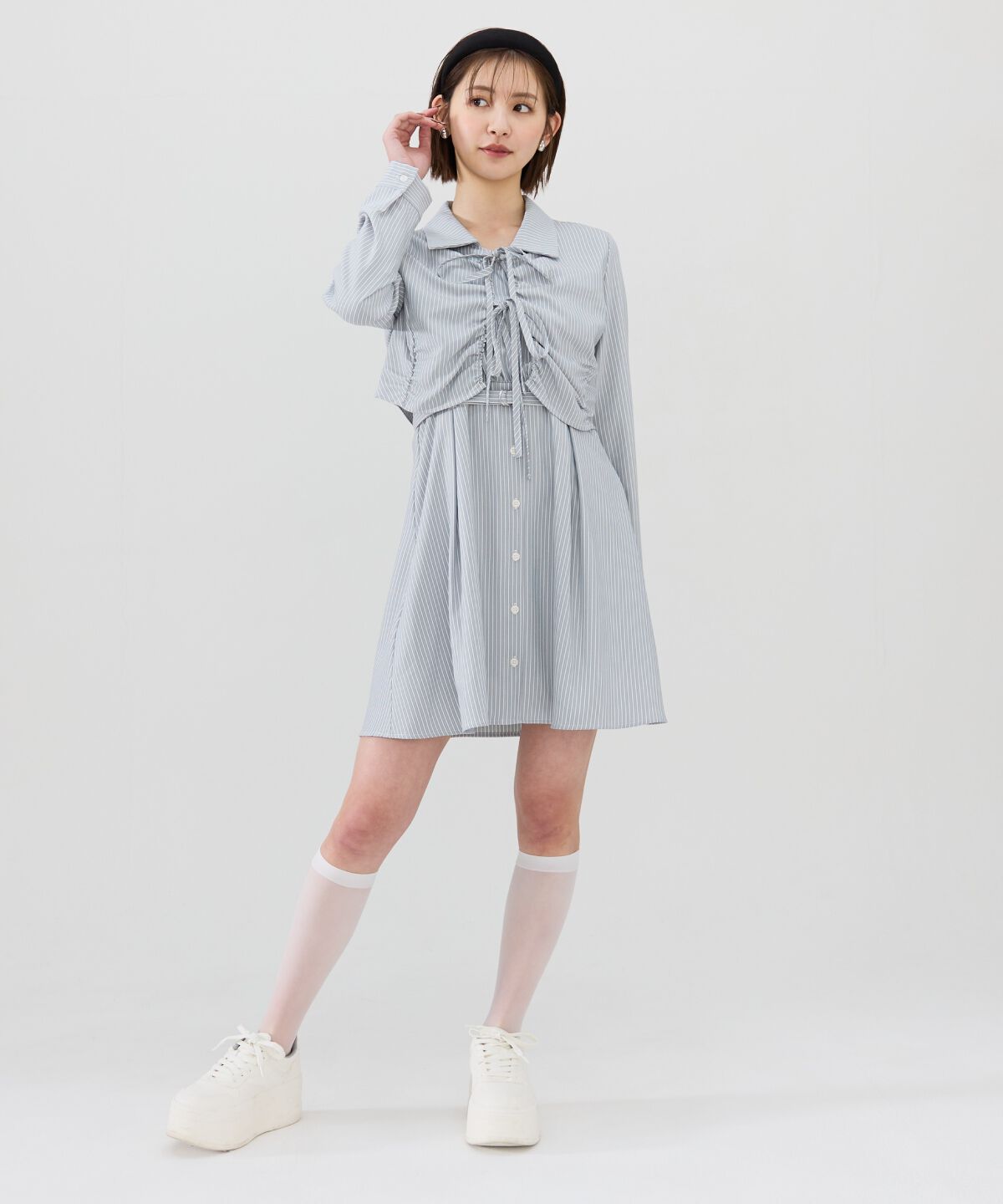 REDYAZEL「フロントシャーリングシャツ＆ストライプミニワンピースセット」|ワンピース|