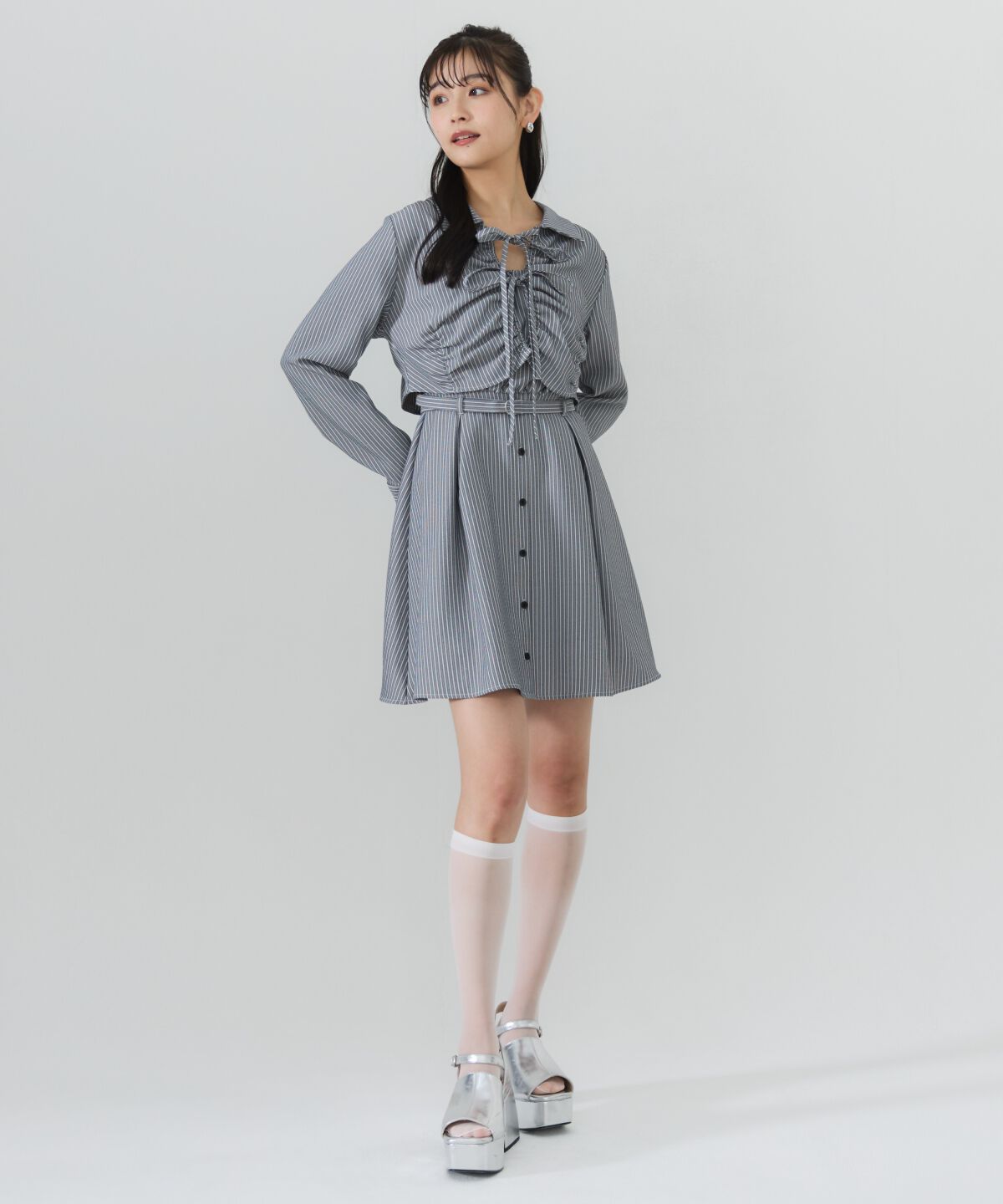 REDYAZEL「フロントシャーリングシャツ＆ストライプミニワンピースセット」|ワンピース|