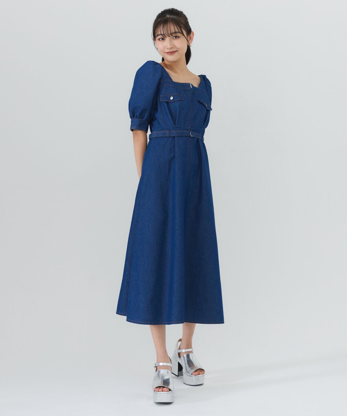 REDYAZEL「フロントジップスクエアネックフレアワンピース」|ワンピース|ネイビー