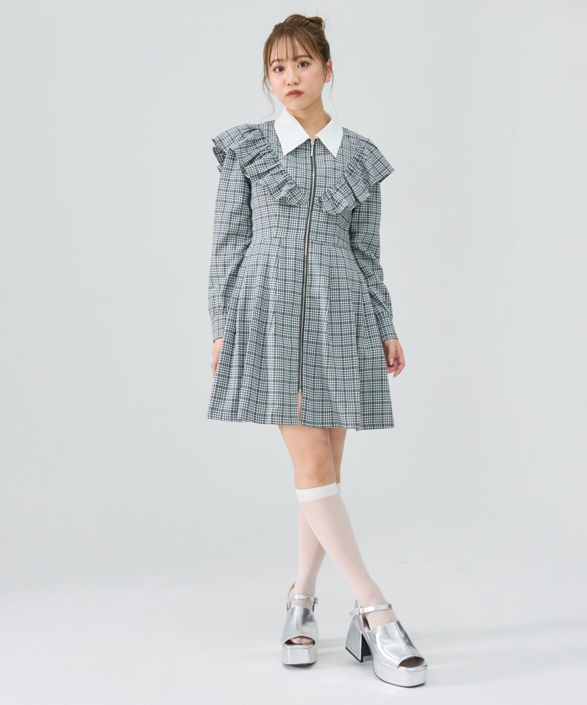 REDYAZEL「チェックフロントジップフリルミニシャツワンピース」|ワンピース|