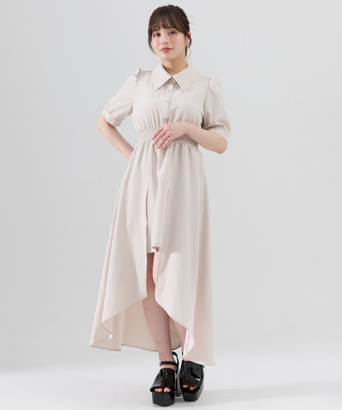 REDYAZEL「ウエストシャーリングシャツワンピース」|ワンピース|ベージュ