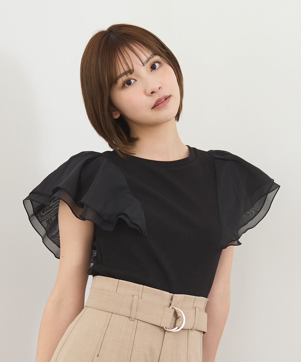 REDYAZEL「シアーフレアスリーブリブカットソー」|Tシャツ・カットソー|ブラック