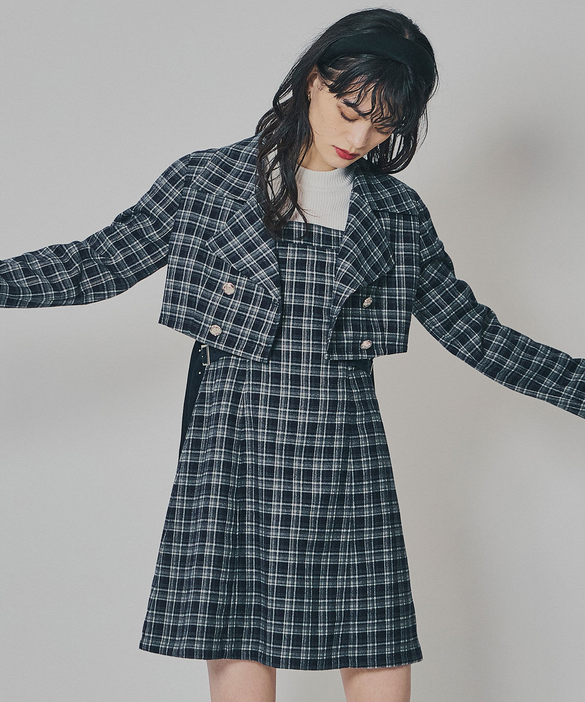 REDYAZEL「チェックショートジャケット&times;Wベルトワンピースセットアップ」|ワンピース|ネイビー