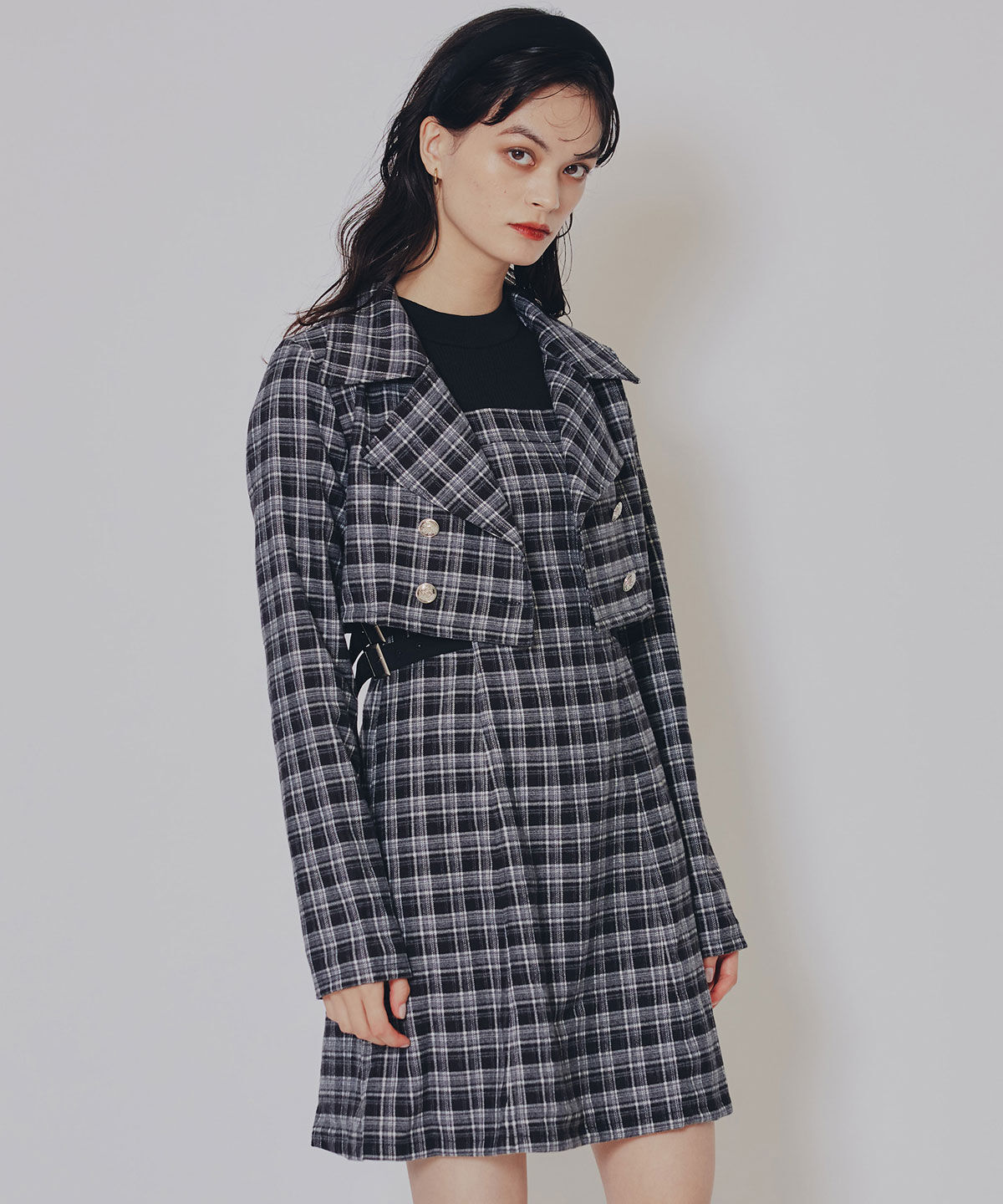 REDYAZEL「チェックショートジャケット&times;Wベルトワンピースセットアップ」|ワンピース|ブラック