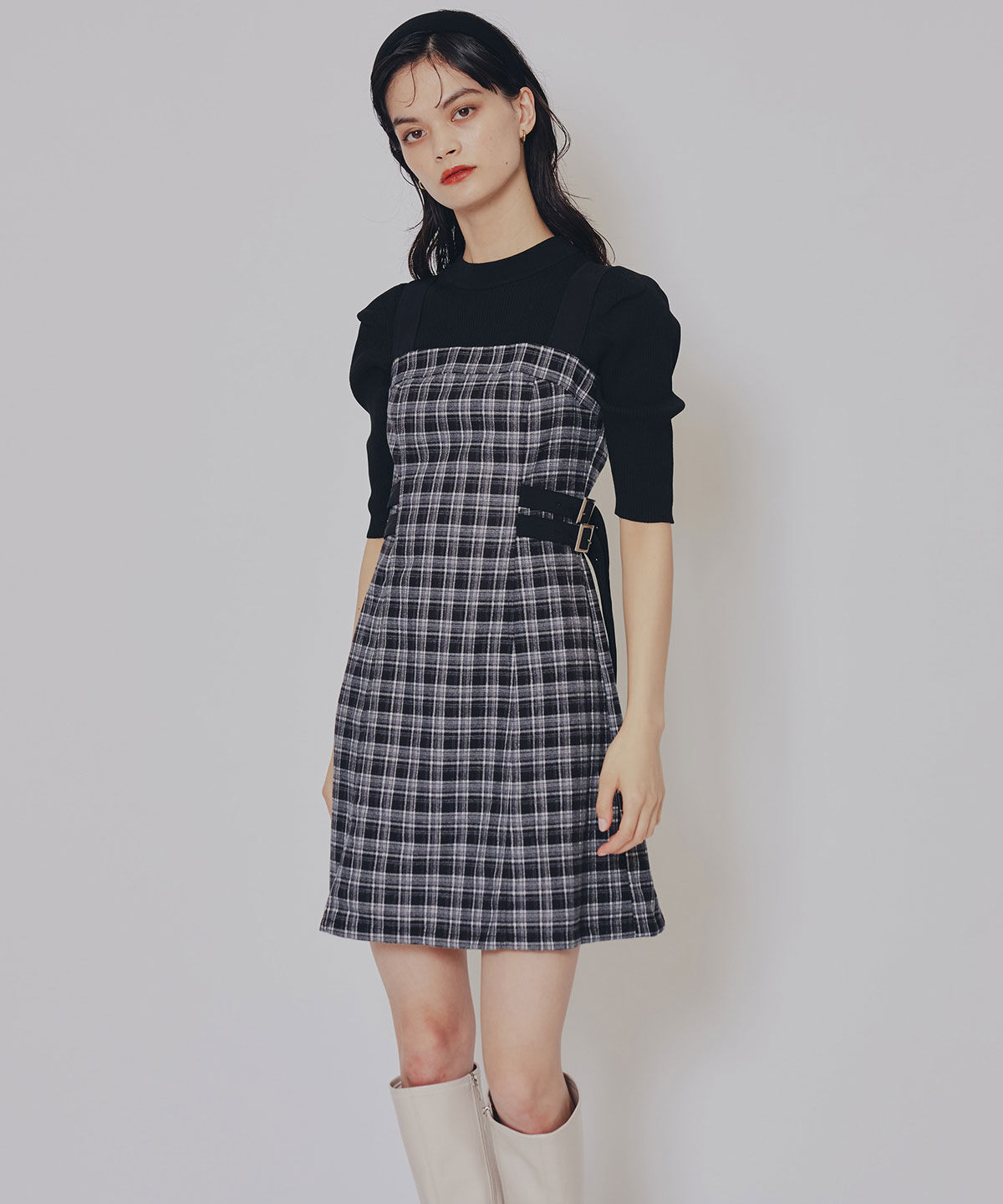 REDYAZEL「チェックショートジャケット&times;Wベルトワンピースセットアップ」|ワンピース|