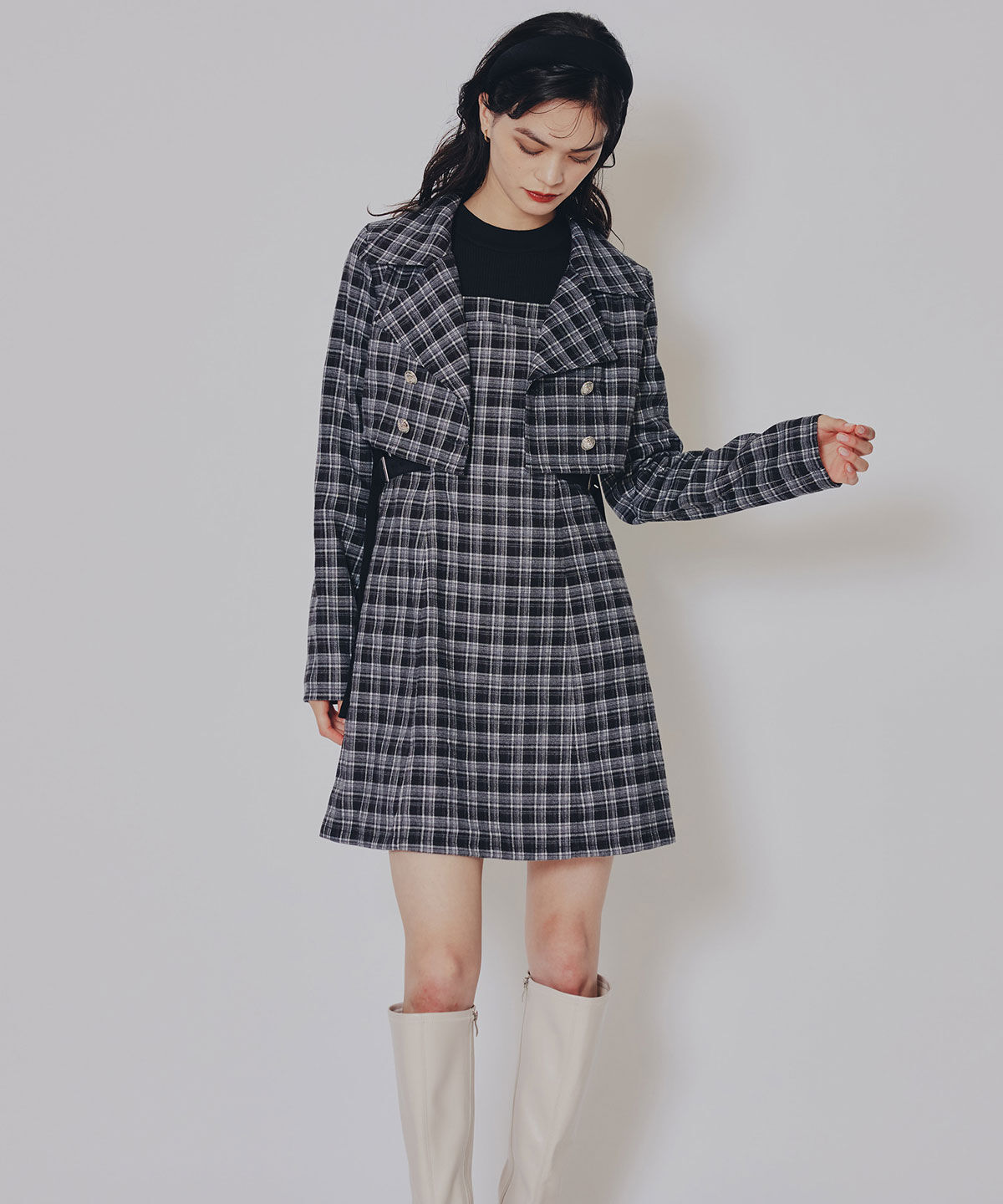 REDYAZEL「チェックショートジャケット&times;Wベルトワンピースセットアップ」|ワンピース|