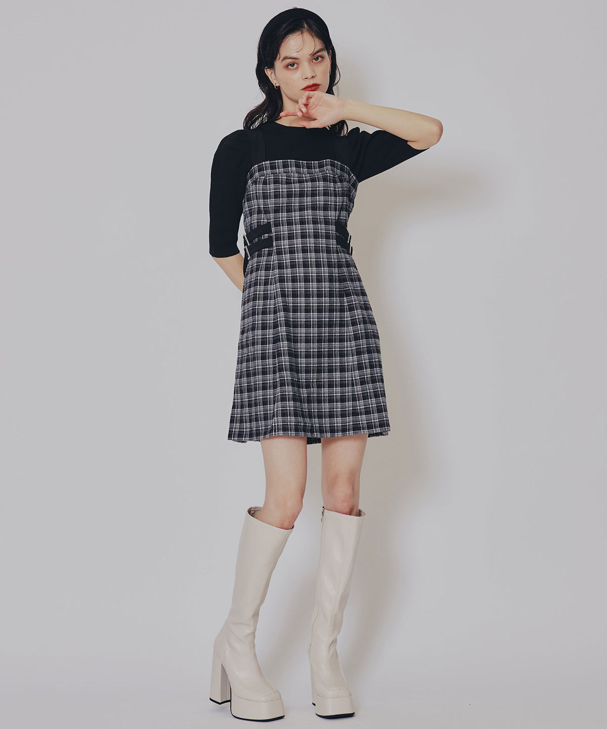 REDYAZEL「チェックショートジャケット&times;Wベルトワンピースセットアップ」|ワンピース|