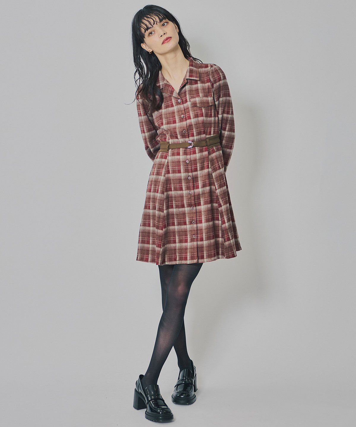 REDYAZEL「ウエストベルトチェックミニワンピース」|ワンピース|