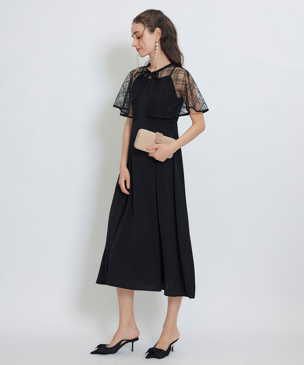 REDYAZEL「チェックシアーチュールケープ&times;キャミソールフレアロングドレス」|ドレス|