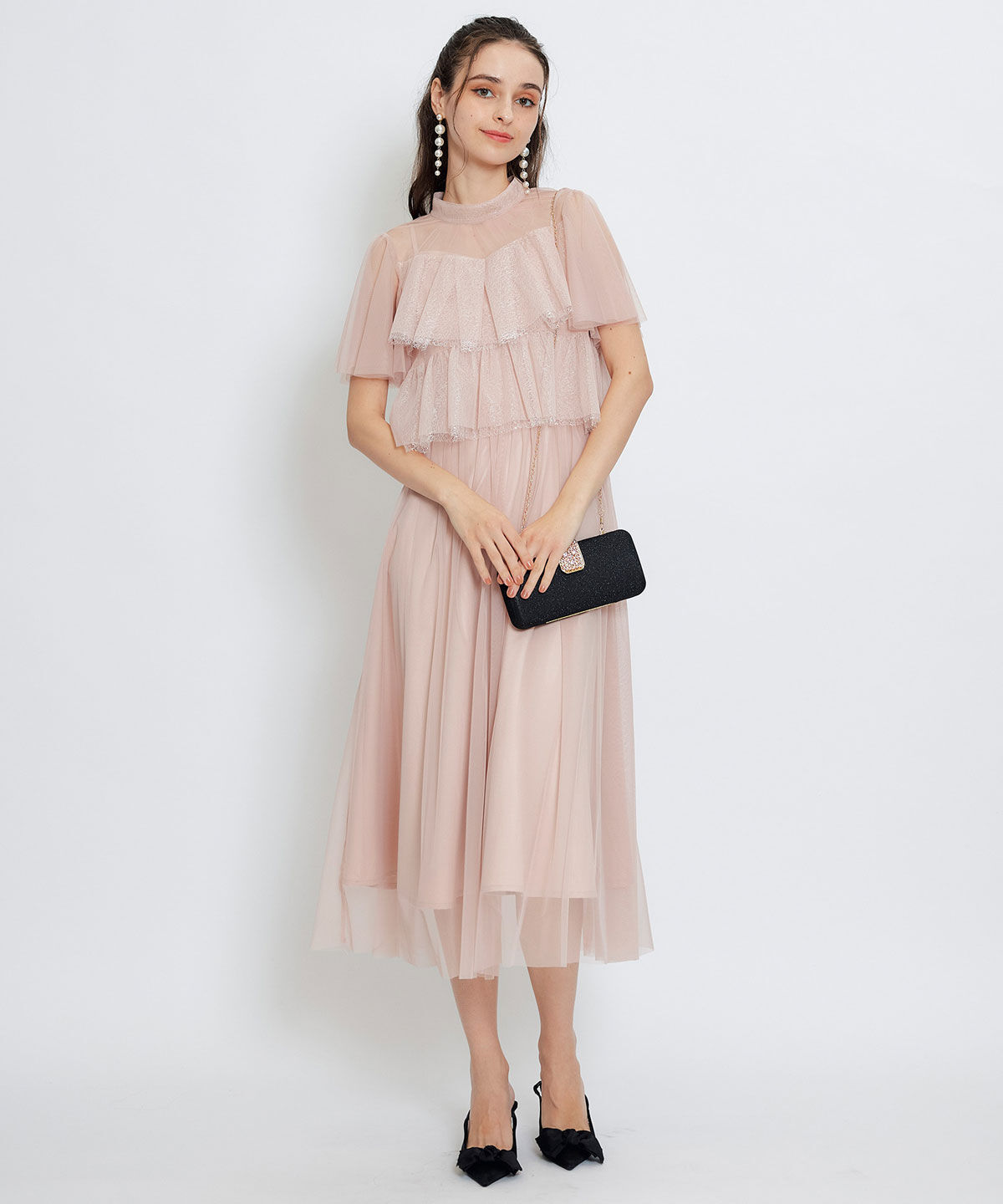 REDYAZEL「チュールレースティアードトップス&times;キャミソールフレアロングドレス」|ドレス|