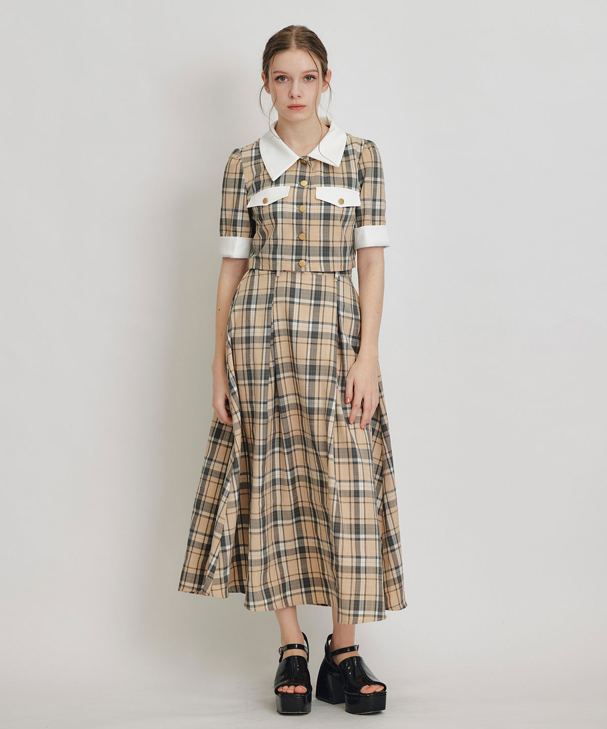 REDYAZEL「バイカラーチェックブラウス&times;フレアロングスカートセットアップ」|ワンピース|