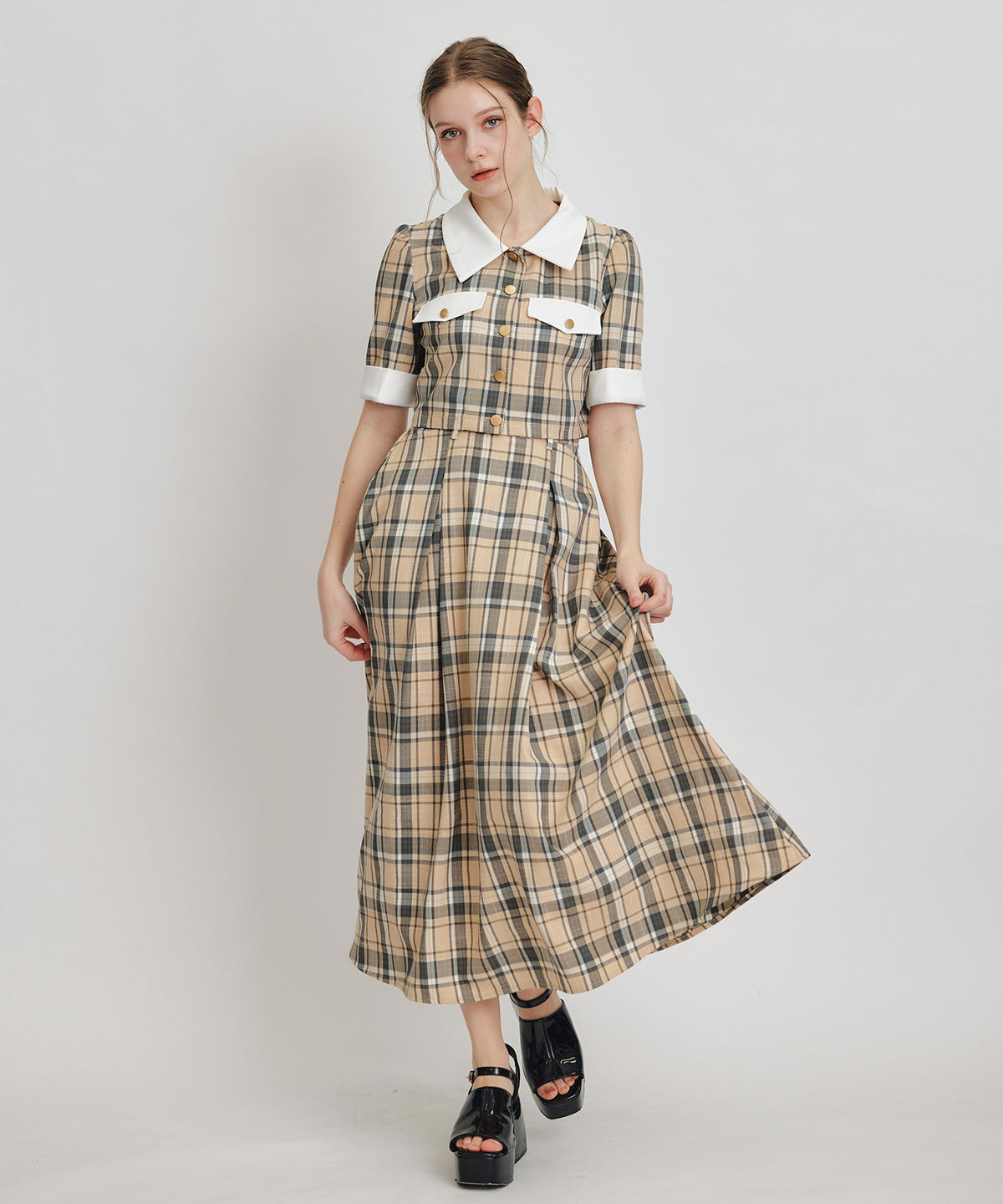 REDYAZEL「バイカラーチェックブラウス&times;フレアロングスカートセットアップ」|ワンピース|