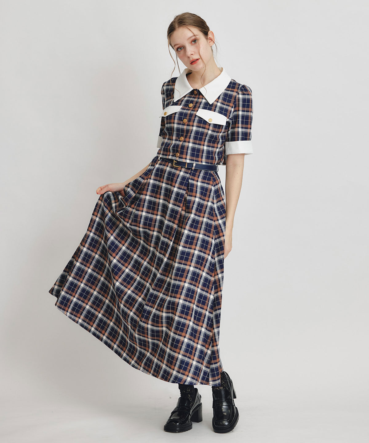 REDYAZEL「バイカラーチェックブラウス&times;フレアロングスカートセットアップ」|ワンピース|