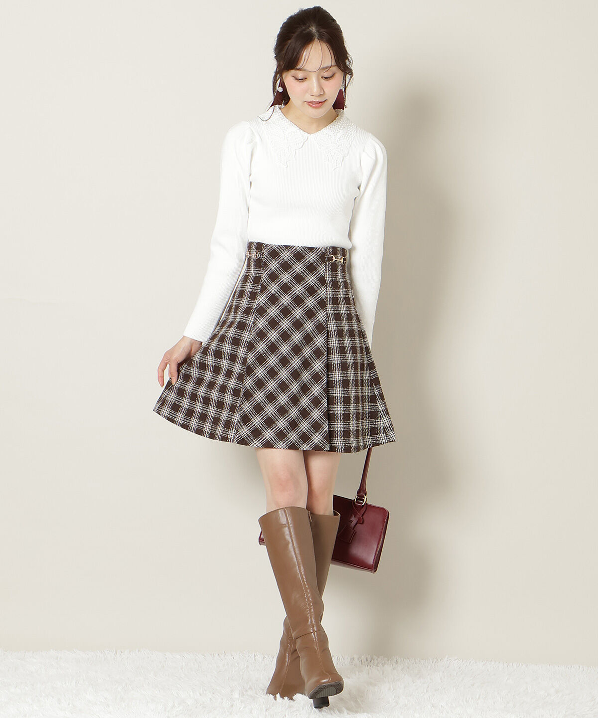 WILLSELECTION「ビットデザインツイードミニスカート」|フレア|茶系チェック