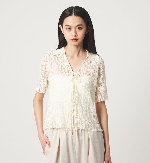 EMMEL REFINES「＜EMMEL REFINES＞カットレース リボン トップス」|Tシャツ・カットソー|OFF WHITE