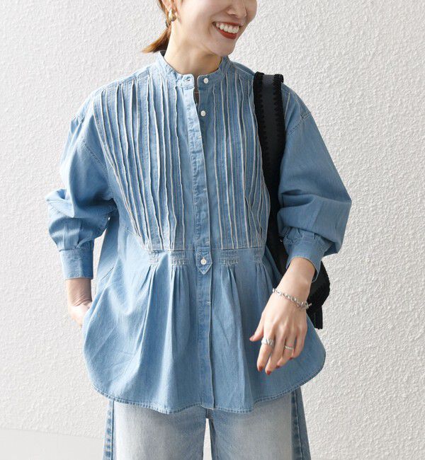 SHIPS any「SHIPS any:〈洗濯機可能〉デニム シーム バンドカラー シャツ ブラウス」|シャツ・ブラウス|
