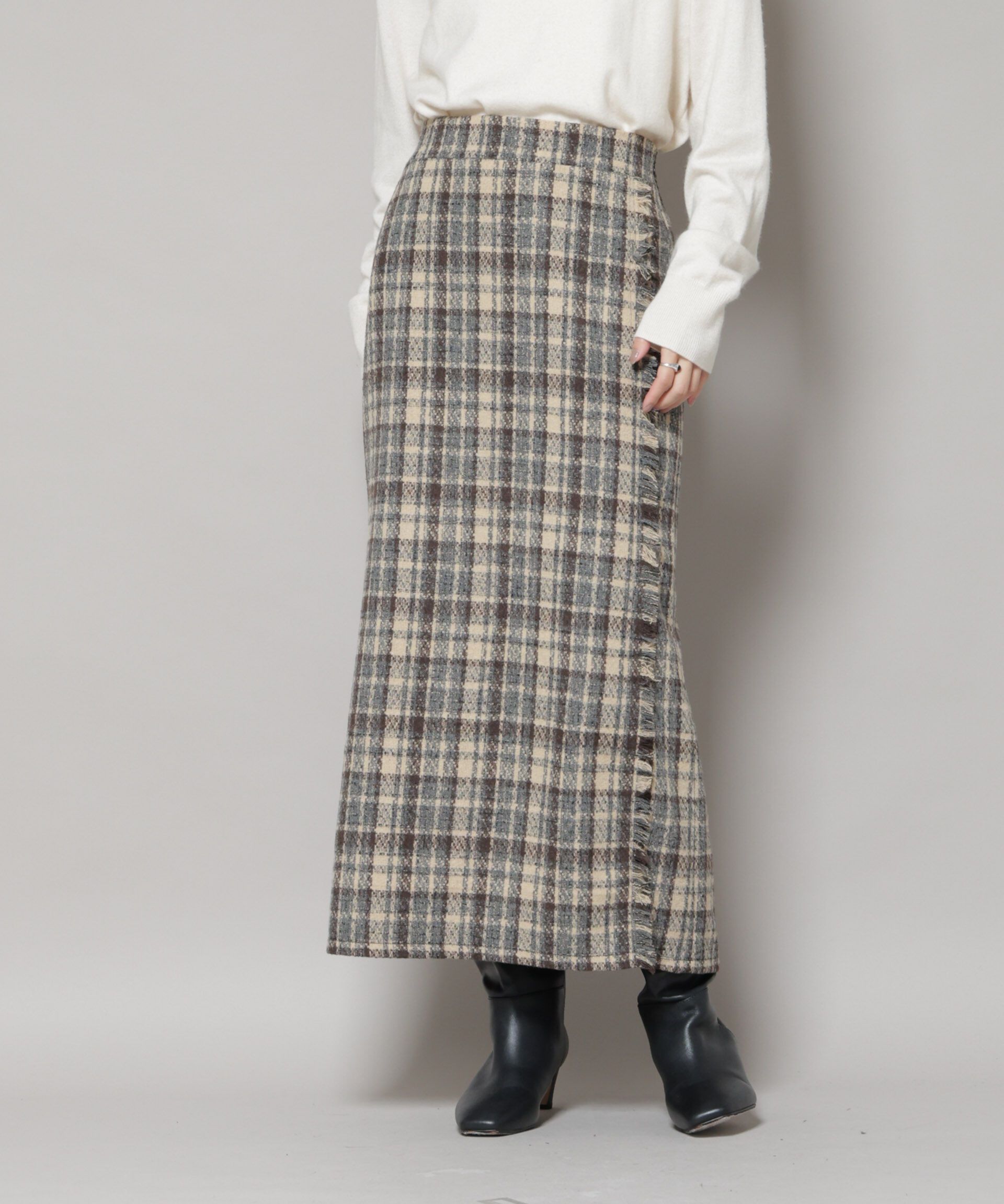 nano･universe「チェックフリンジラップ風スカート(セットアップ可)」|スカート|