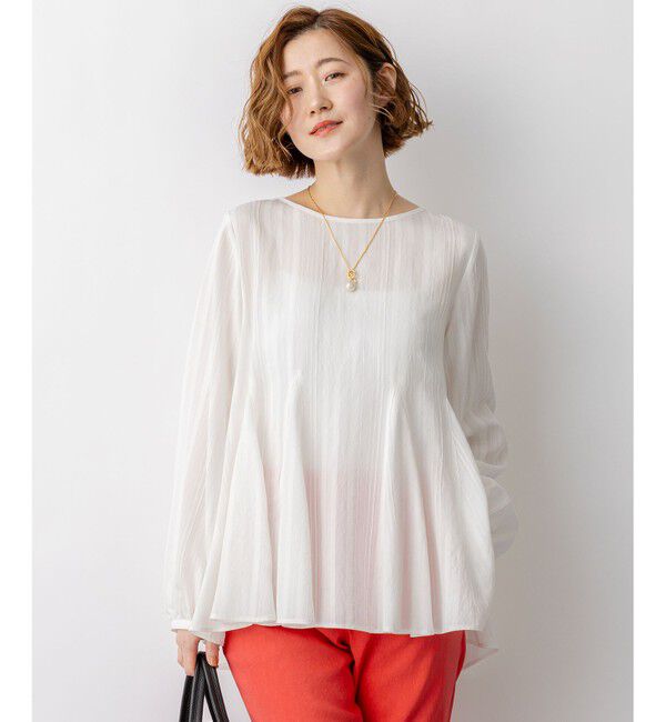 23区「ドビーストライプ クルーネック フレアブラウス」|シャツ・ブラウス|ホワイト系