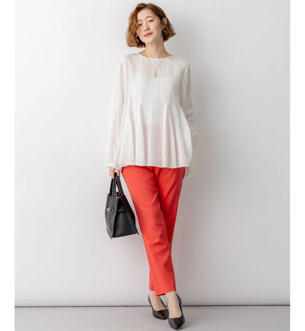 23区「ドビーストライプ クルーネック フレアブラウス」|シャツ・ブラウス|