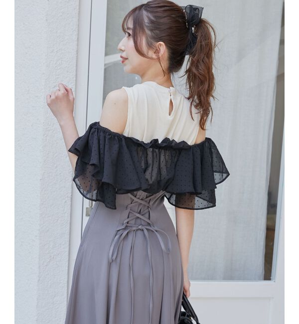  「ウエストきゅっとフリルフレアワンピ」|ワンピース|ブラックベース