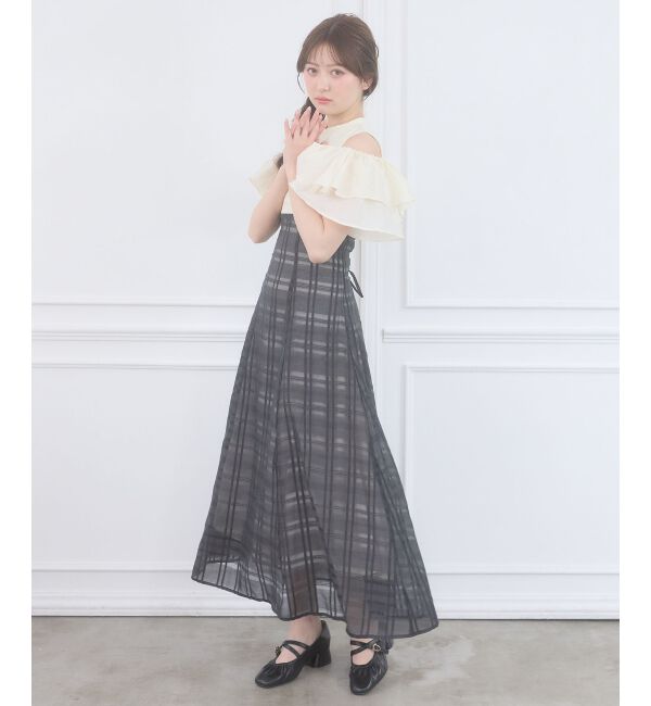  「ウエストきゅっとフリルフレアワンピ」|ワンピース|ブラック柄