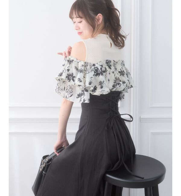  「ウエストきゅっとフリルフレアワンピ」|ワンピース|ブラック