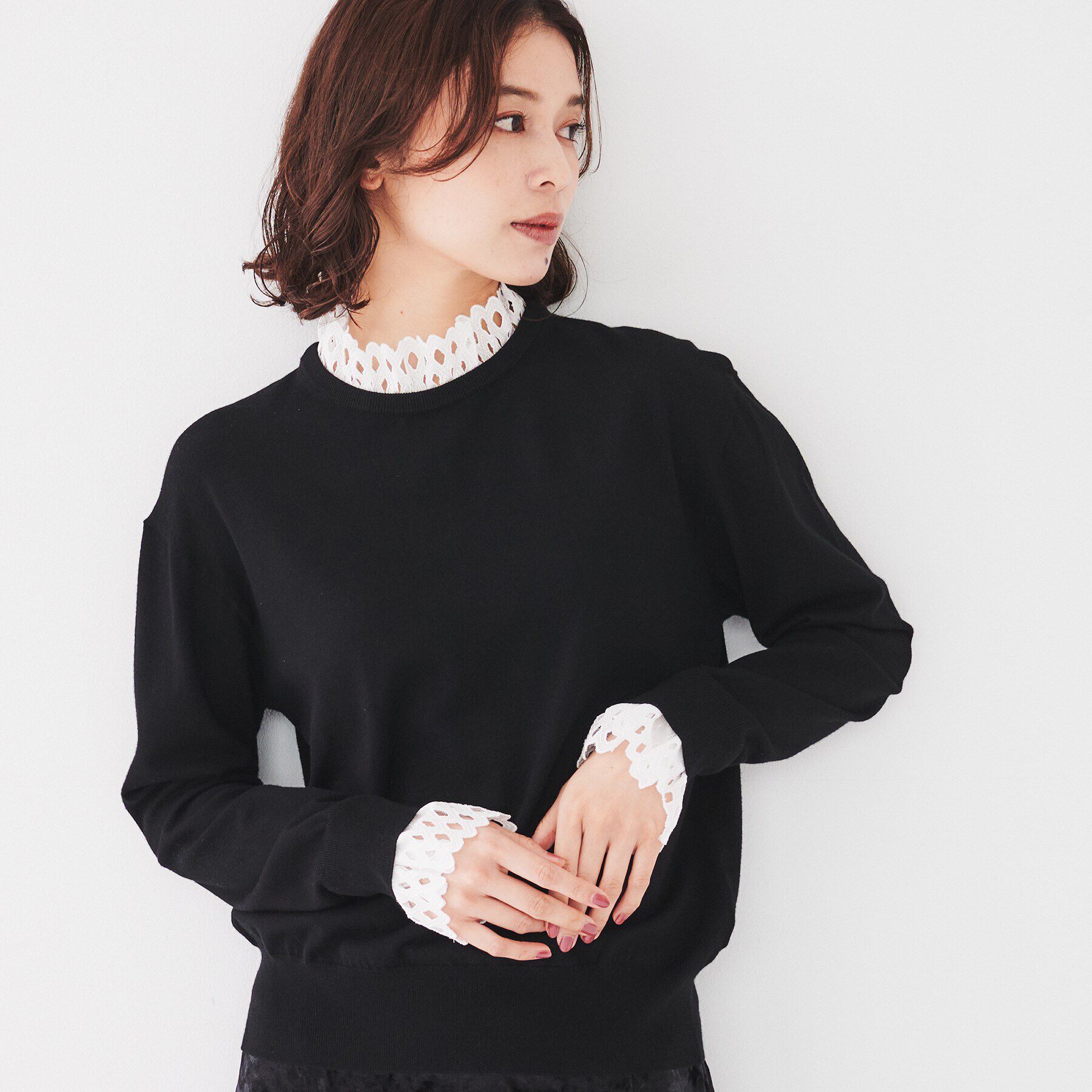 UNTITLED「【レース取り外し可能/2WAY】薄手レーヨン混ストレッチ プルオーバーニット」|ニット・セーター|ﾌﾞﾗｯｸ(019)