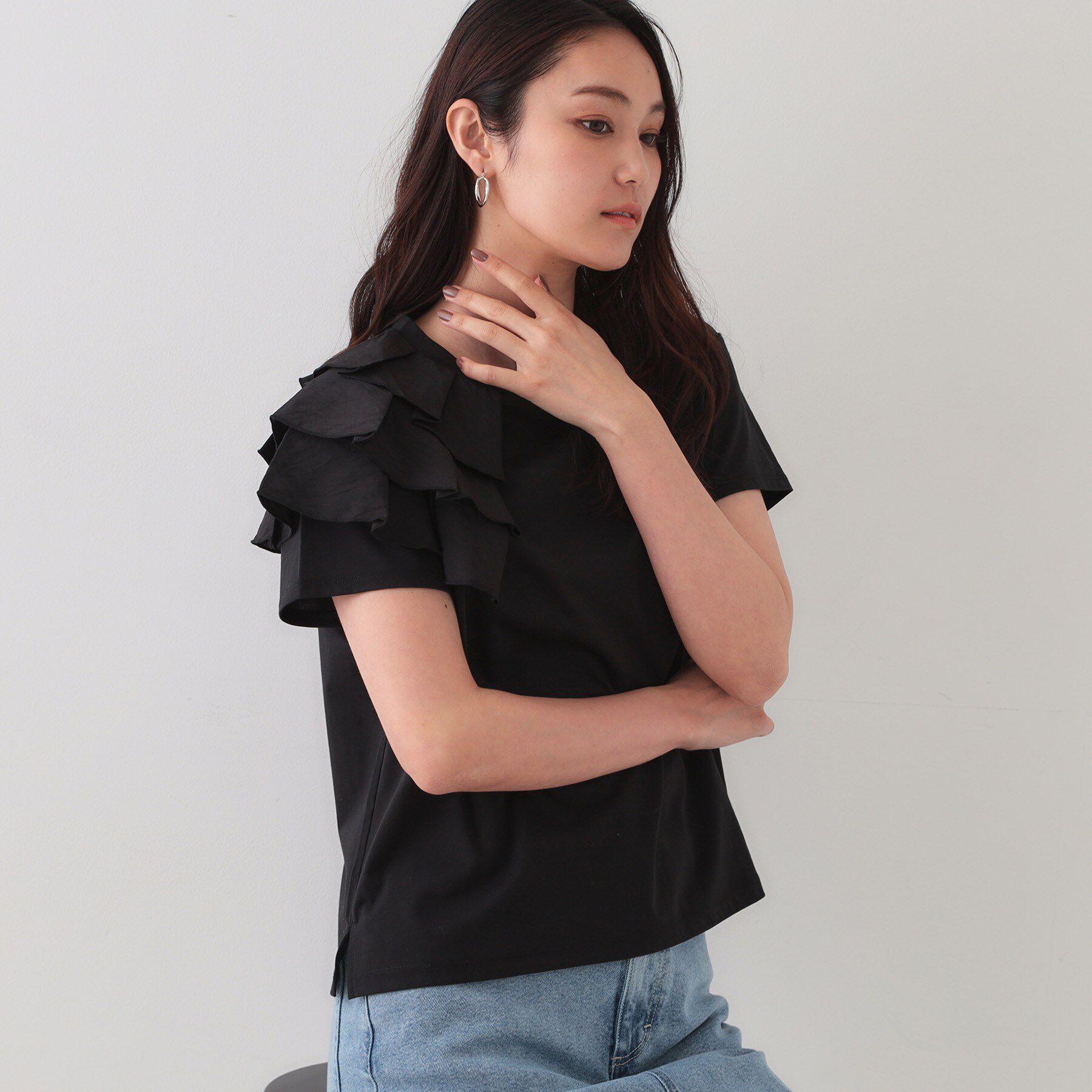 OPAQUE.CLIP「ショルダーフリルドッキングカットソー【UV/接触冷感/洗濯機洗い可】」|Tシャツ・カットソー|ブラック(019)