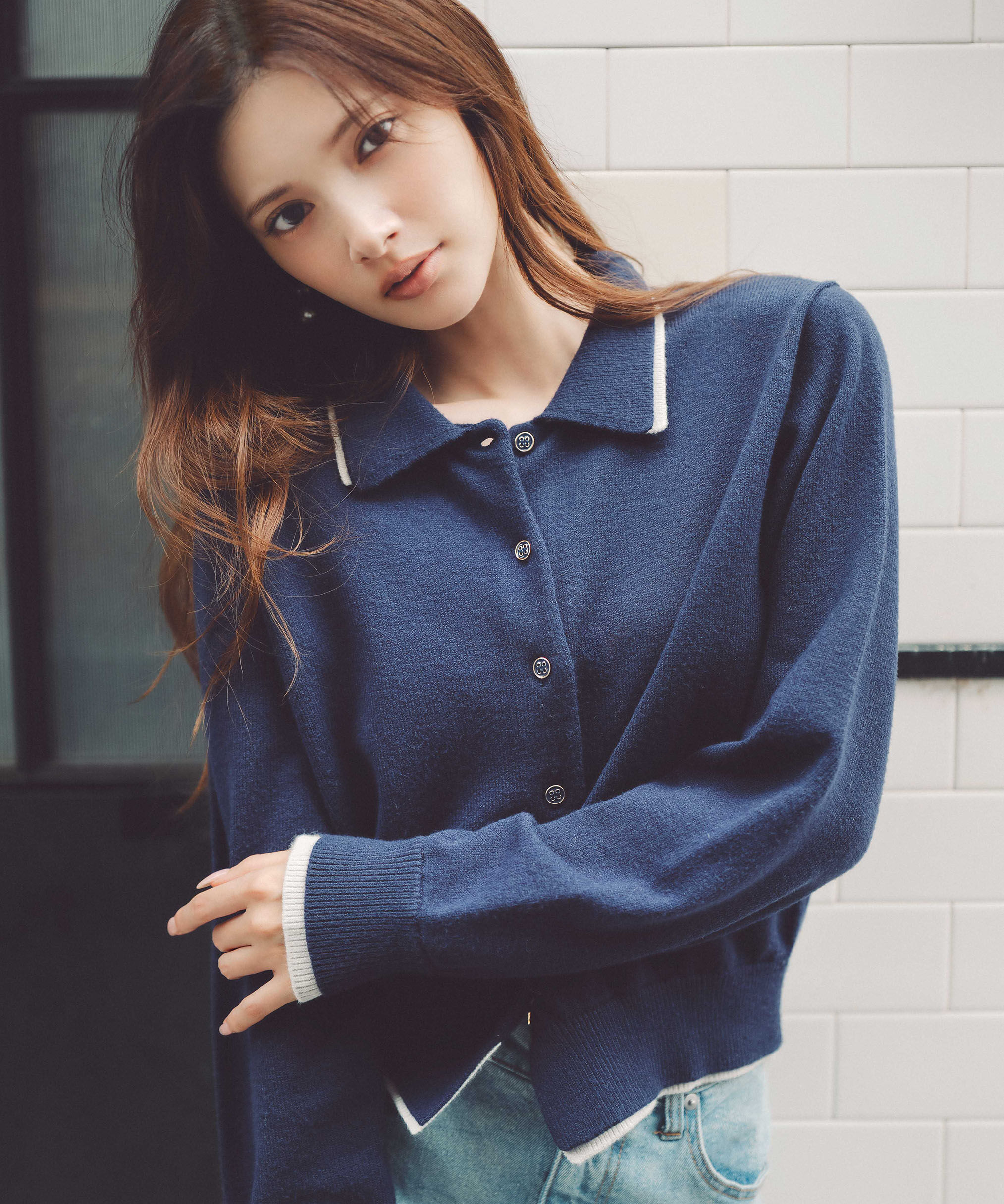 PROPORTION BODY DRESSING「＜ウォッシャブル＞ポロレイヤード風ニット」|カーディガン|ネイビー&times;アイ