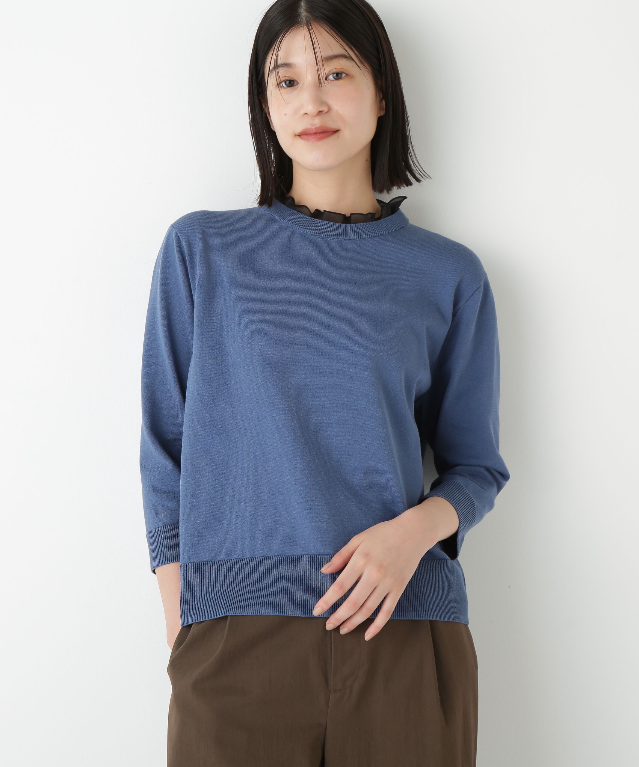  「◆綿ポリエステル取外し衿付プルオーバー」|ニット・セーター|ブルー