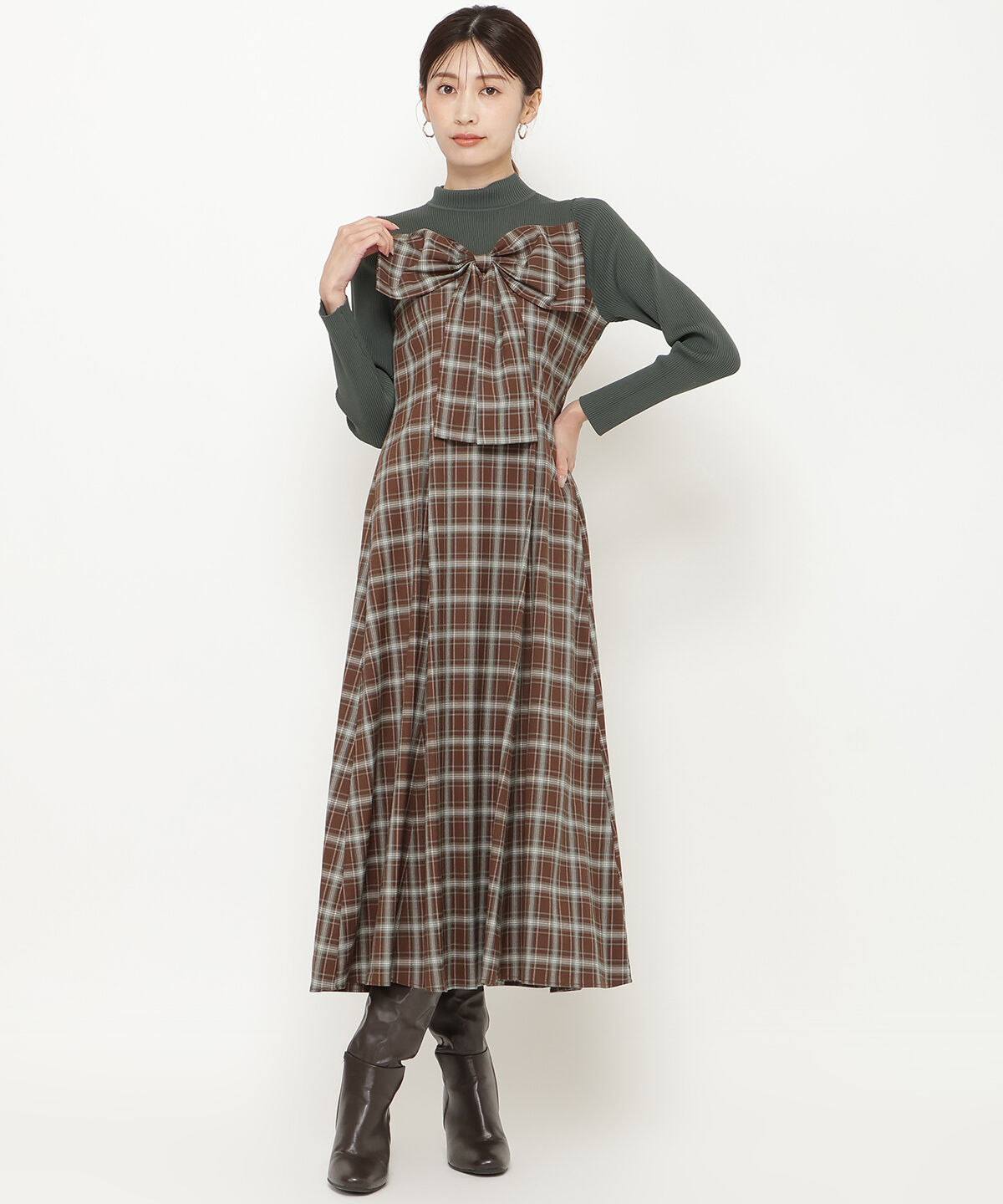 アンドクチュール「チェックリボン切替ワンピース」|ワンピース|ブラウン