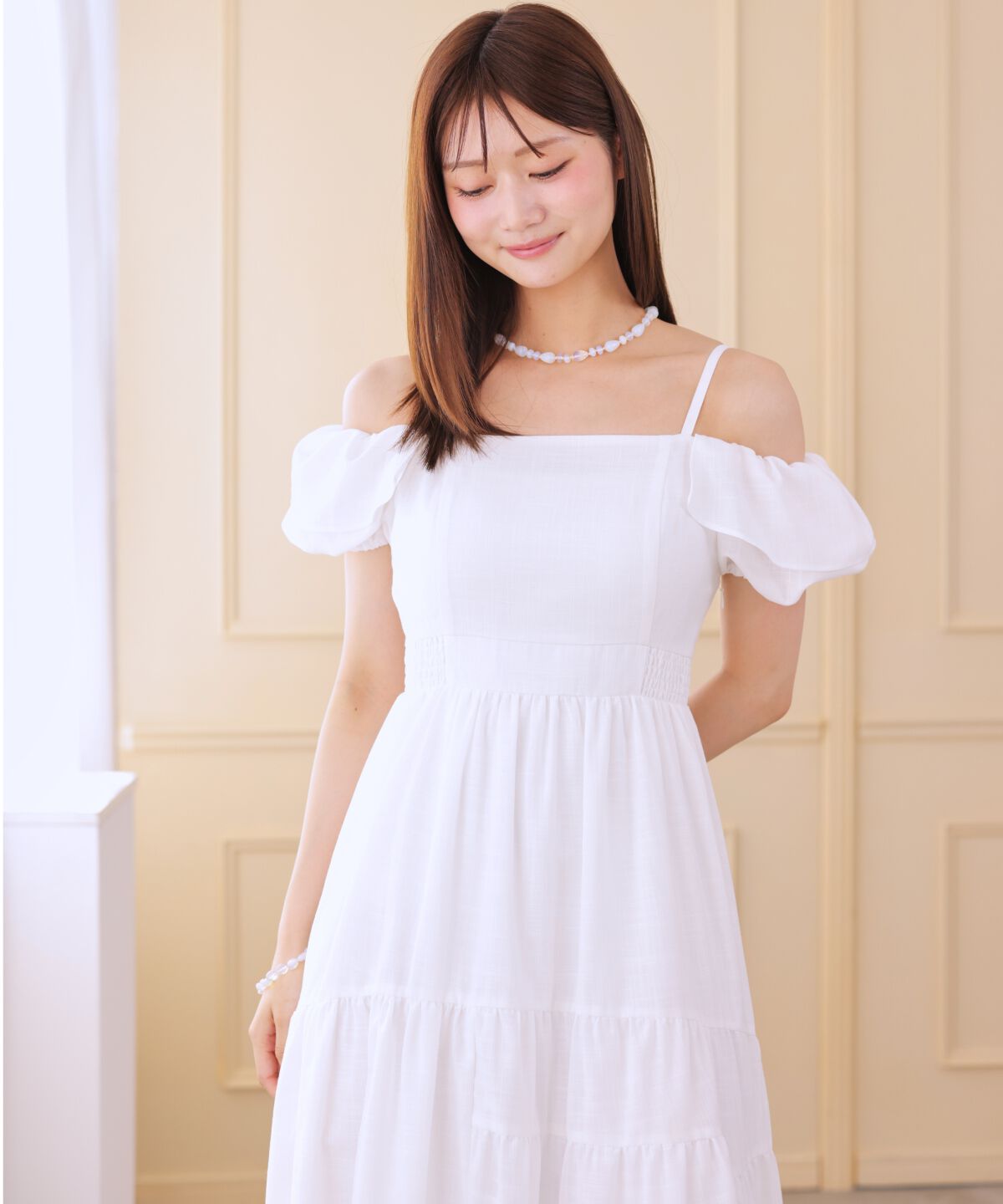 アンドクチュール「バックレースアップオフショルティアードワンピース」|ワンピース|