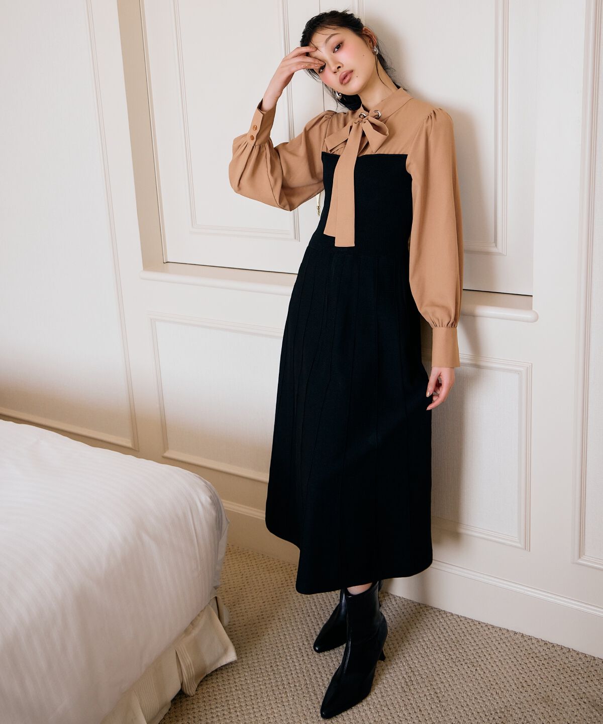 アンドクチュール「ボウタイ&times;ニットドッキングワンピース」|ワンピース|